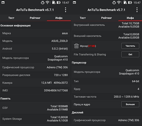Спецификации ZE550KL версия AnTuTu