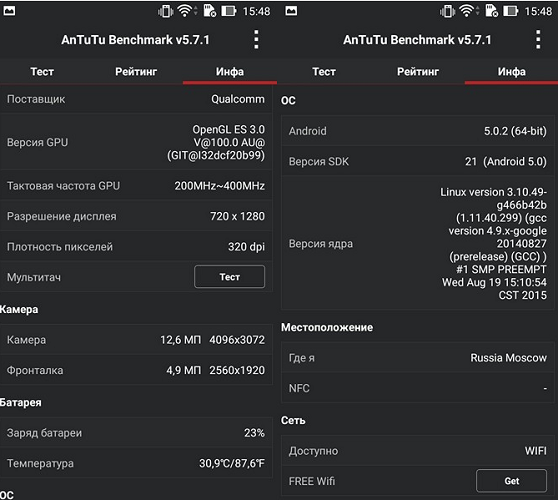 Спецификации ZE550KL версия AnTuTu